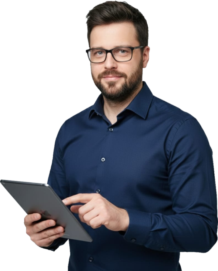 Thomas Berater mit Tablet – Unternehmenssteuerung und Digitalisierung im Bau- und Handwerksbetrieb