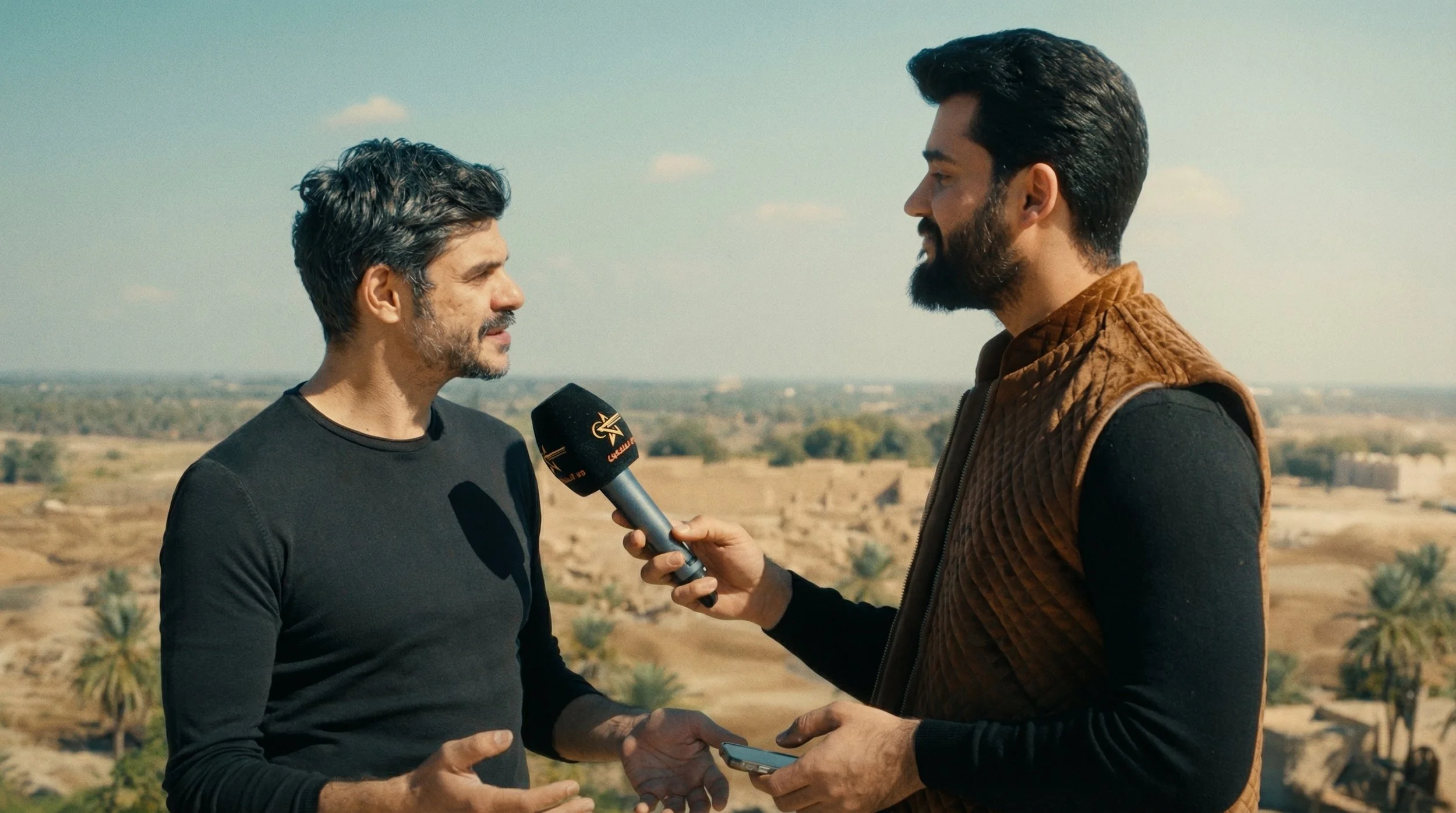 Two men having an interview outdoors on a sunny day, one holding a microphone and a phone, with a desert landscape and palm trees in the background. Julien Maalouf