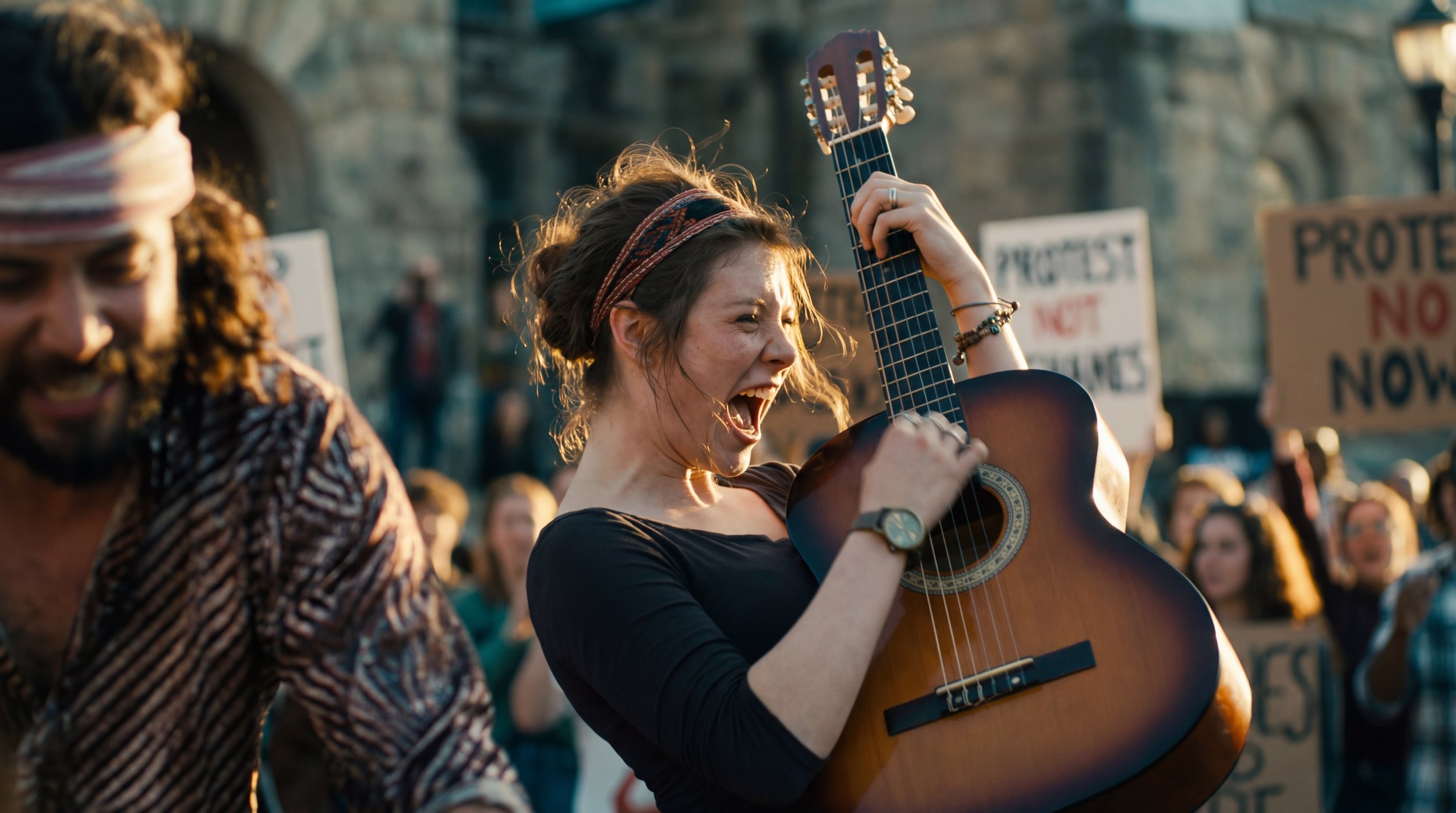 Young woman playing an acoustic guitar and singing passionately during a protest or rally, with a crowd and protest signs in the background. Julien Maalouf