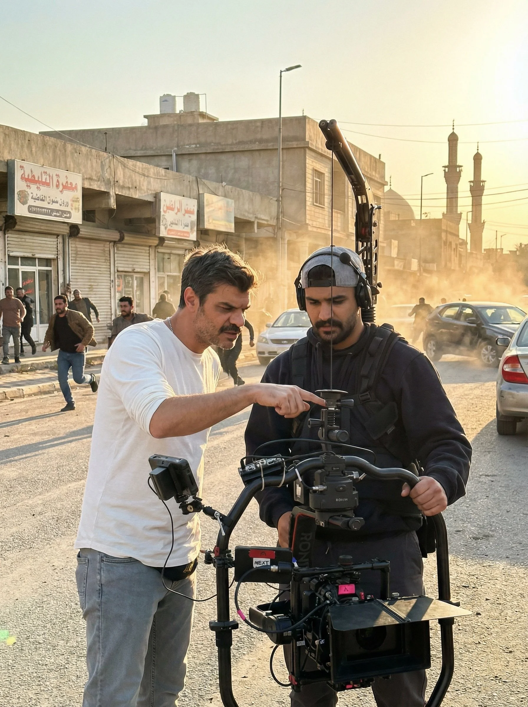 Two men on a film set, one operating a camera and the other pointing at the camera, with a street scene in the background. Julien Maalouf
