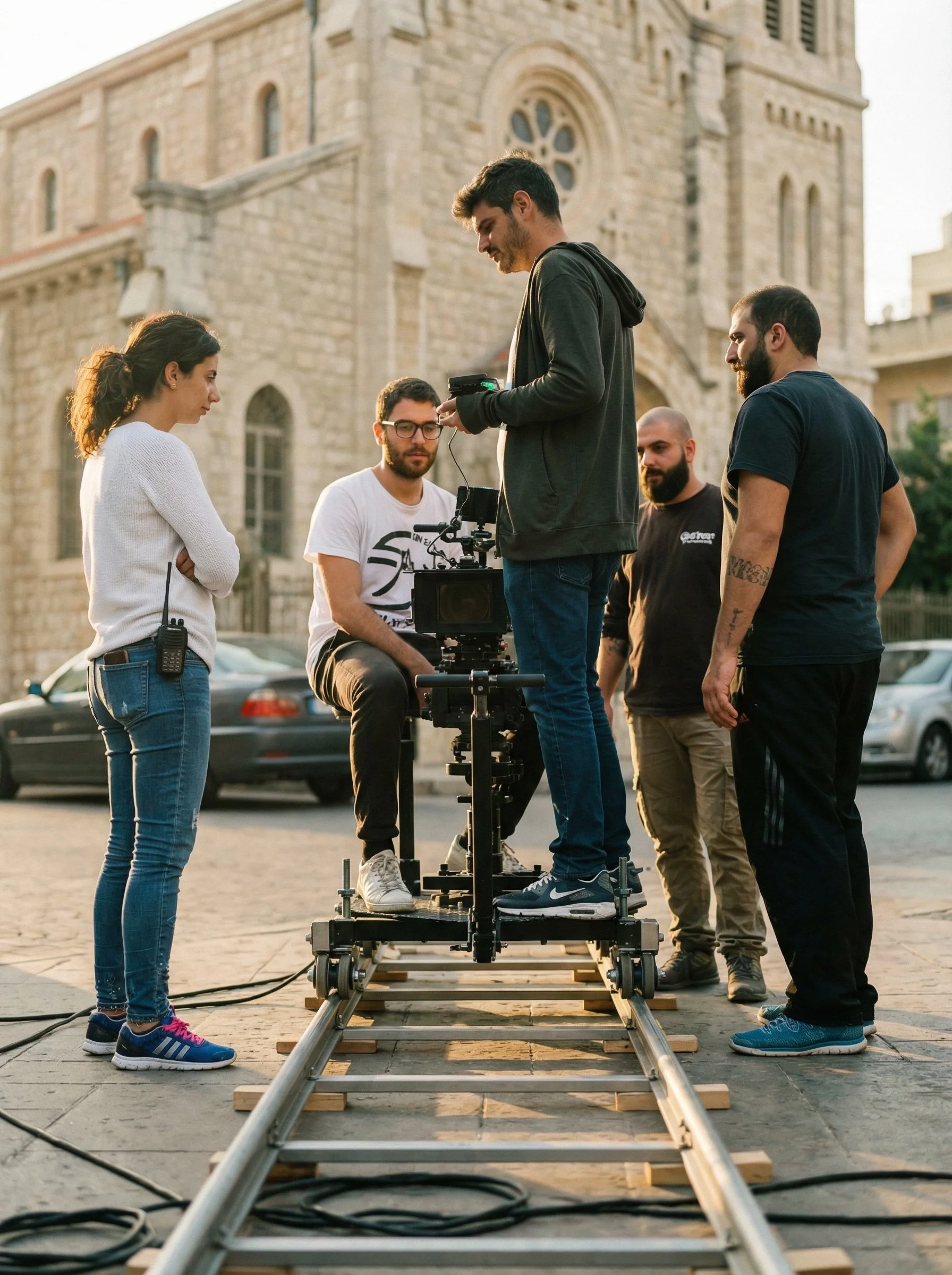 A film crew setting up a shot with a camera on a dolly on a city street in front of a historic stone building during daylight, with five people coordinating around. Julien Maalouf
