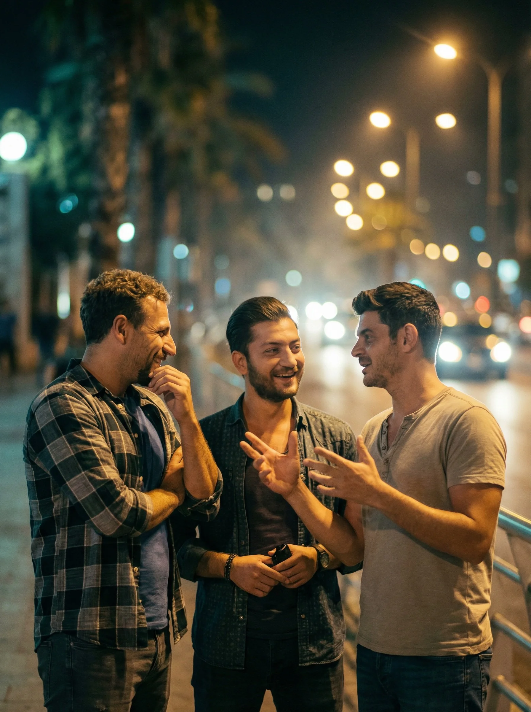 Three men are talking and laughing on a city street at night, with cars and streetlights in the background. Julien Maalouf