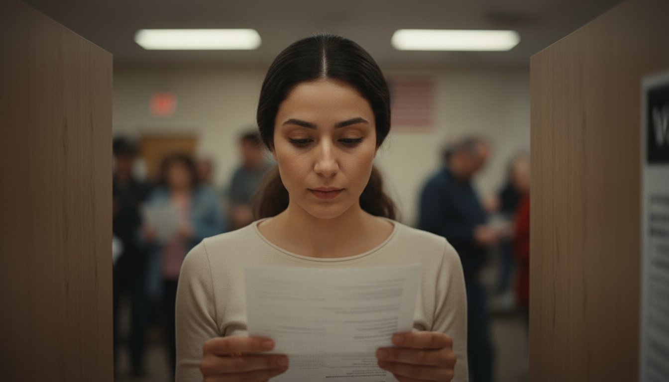 A young woman standing at a voting booth, reading a ballot paper, with an American flag in the background. Julien Maalouf