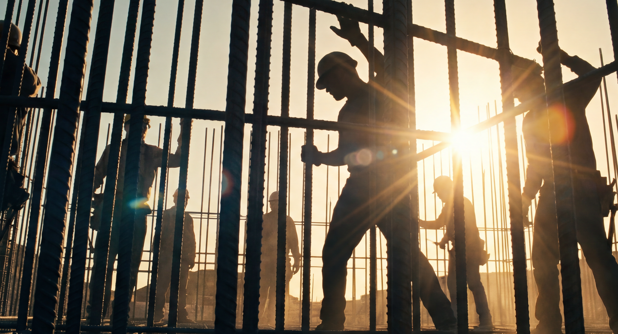 Silhouettes of construction workers working on a building at sunset, seen through steel reinforcement bars. Julien Maalouf