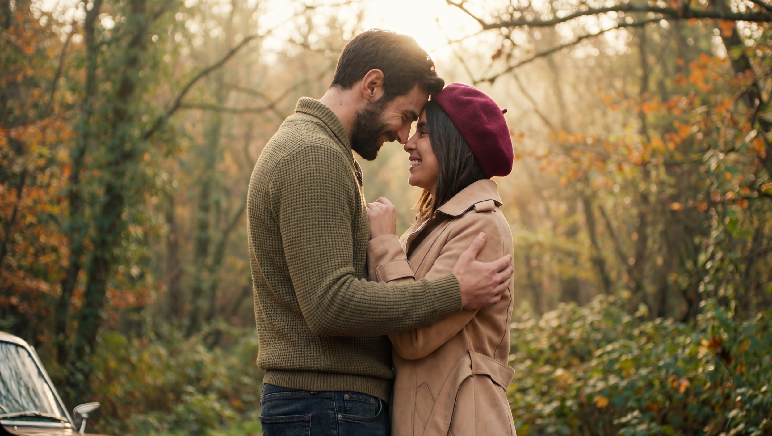 A couple standing close together outdoors, smiling and touching foreheads amid autumn foliage