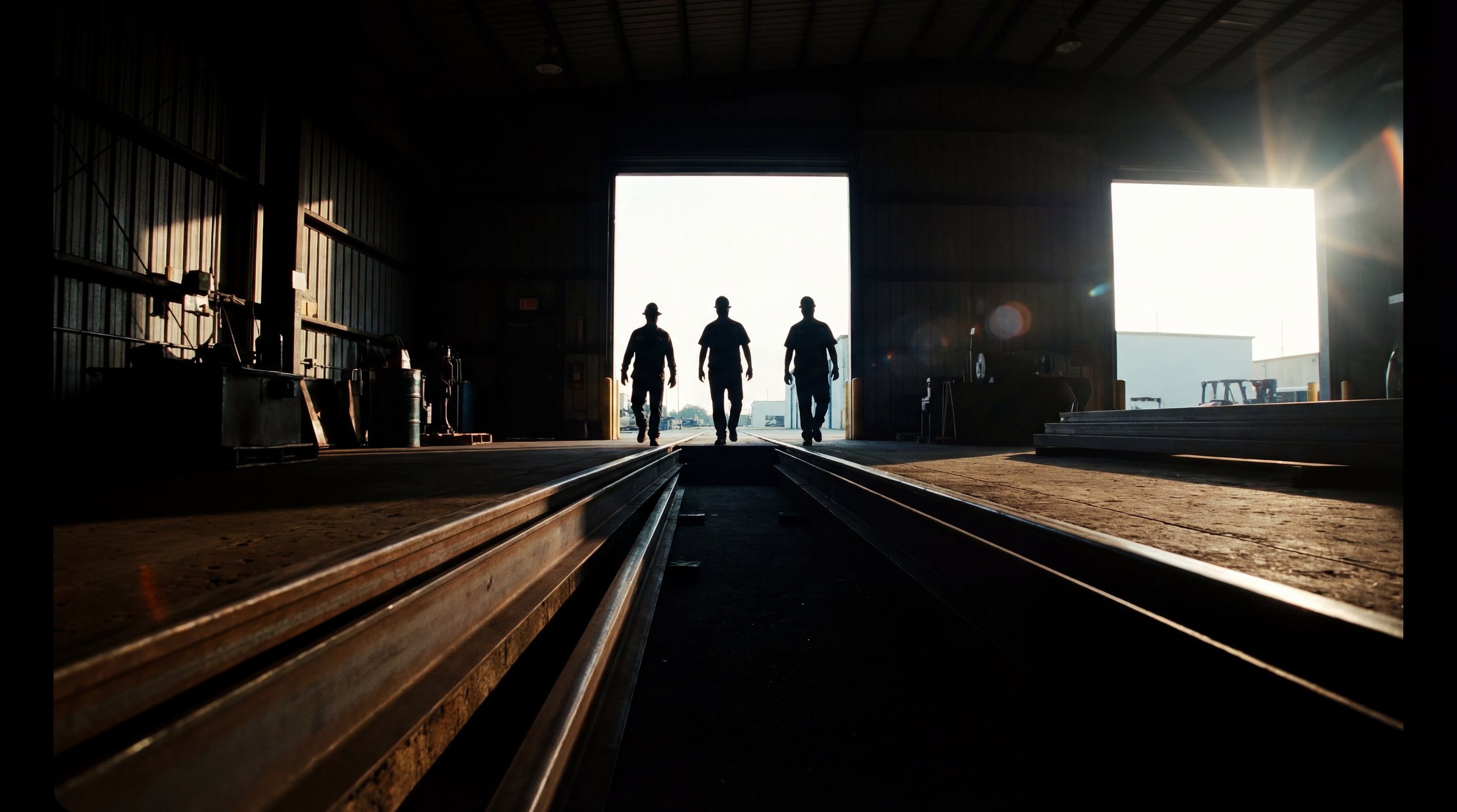Three workers walking inside a large industrial warehouse towards the open exit, backlit by sunlight. Julien Maalouf