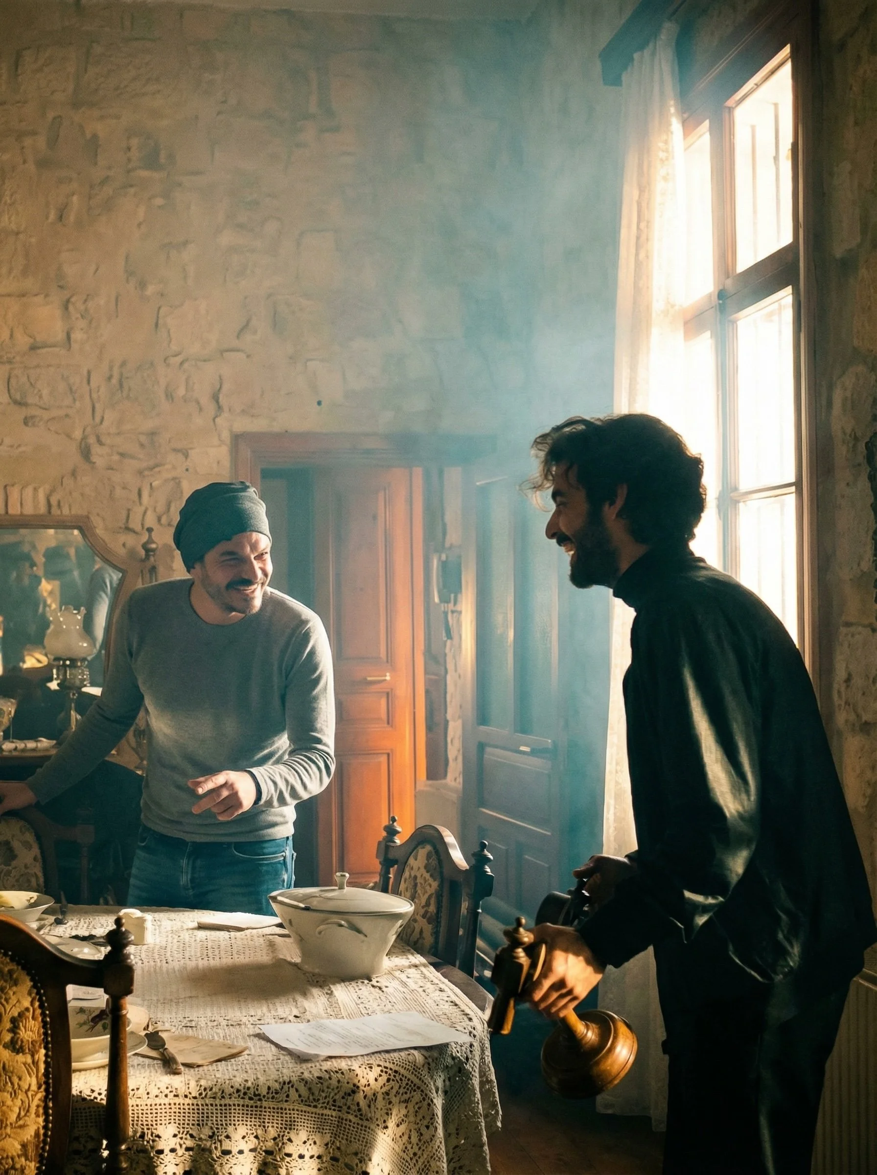 Two men smiling and chatting in a warmly lit vintage dining room with stone walls, a lace tablecloth, and a large window with curtains. Julien Maalouf