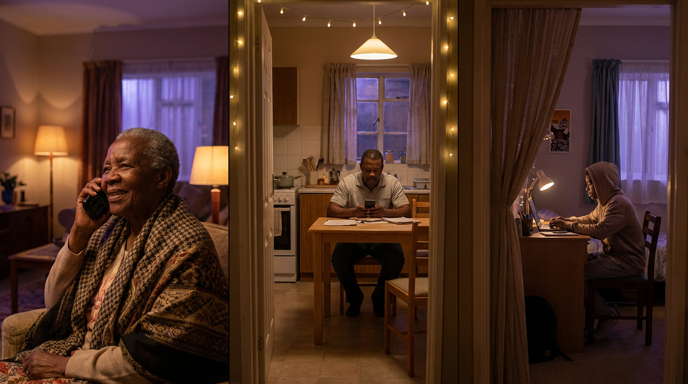 A woman sitting in a living room talking on a landline phone, smiling, with a lamp and curtains in the background. A man in a kitchen, seated at a dining table, looking at his phone, with kitchen cabinets and a window behind him. A person wearing a hoodie working on a laptop at a desk next to a window with curtains.