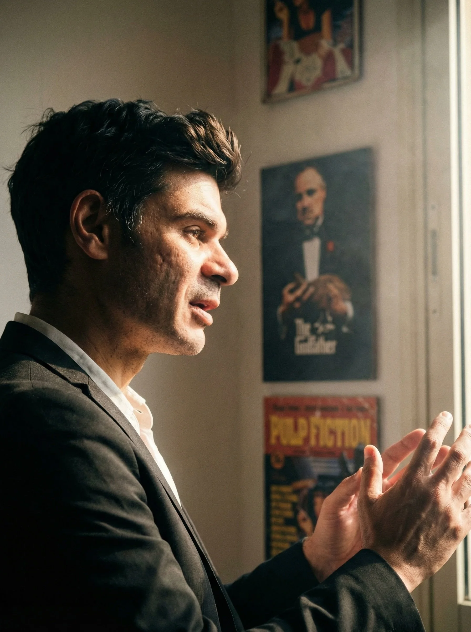 A man with dark hair and a dark suit, looking at his phone, standing indoors near a window with posters on the wall behind him. Julien Maalouf