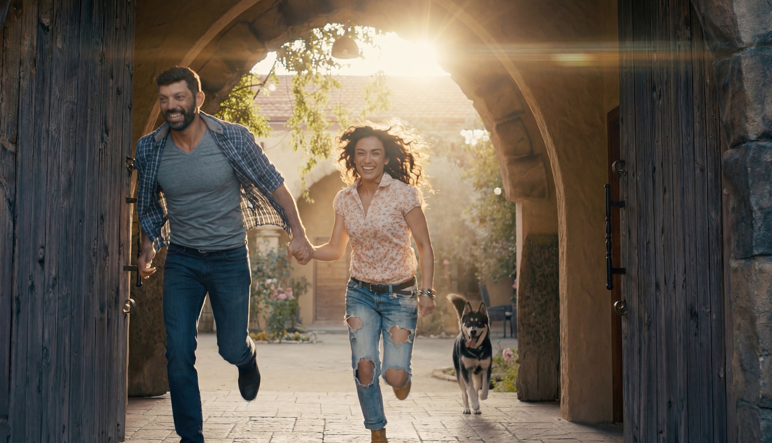 A happy couple running hand in hand through a wooden gate with a black and white dog following them, sunlight shining in the background. Julien Maalouf