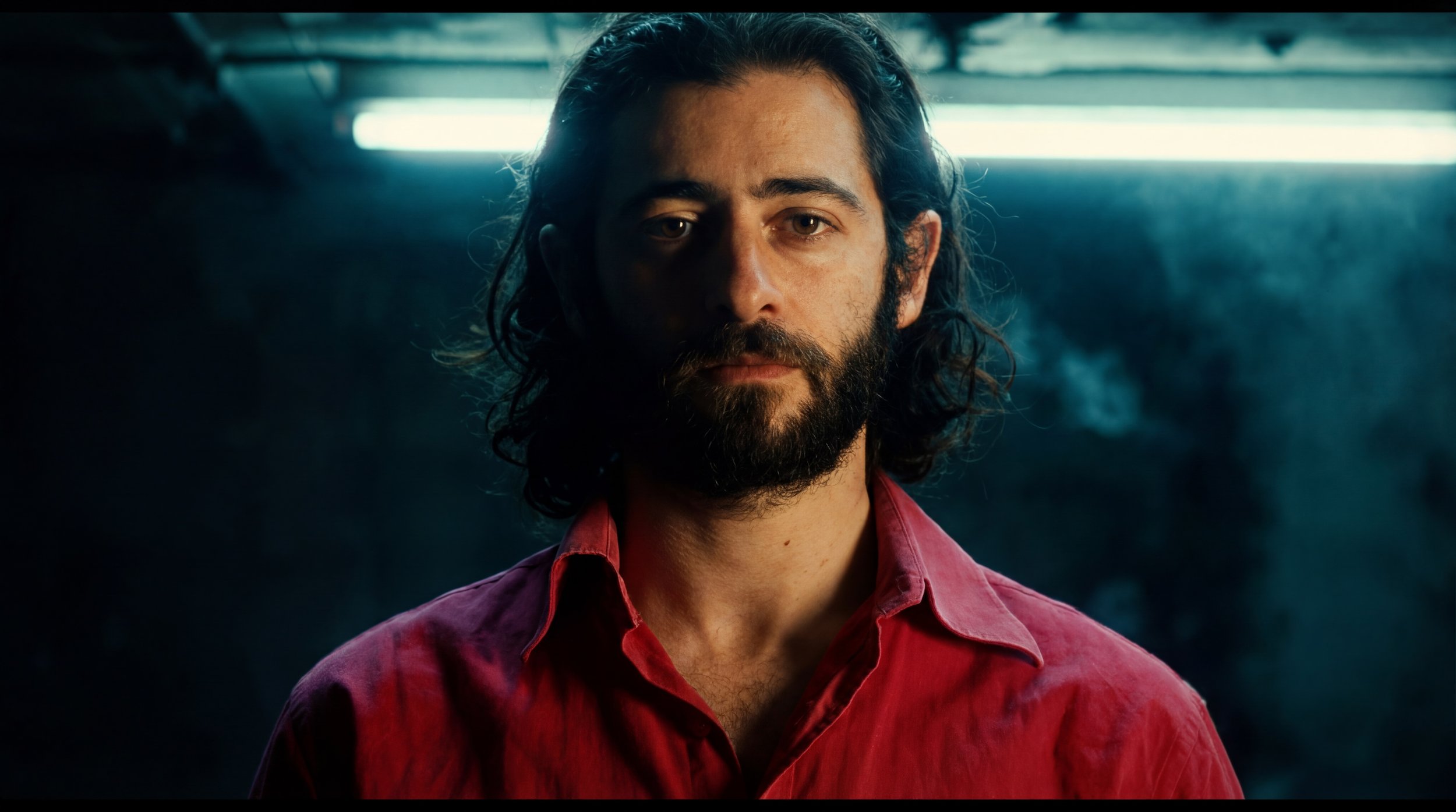 A man with long dark curly hair and a beard, wearing a red shirt, looking serious and contemplative Julien Maalouf