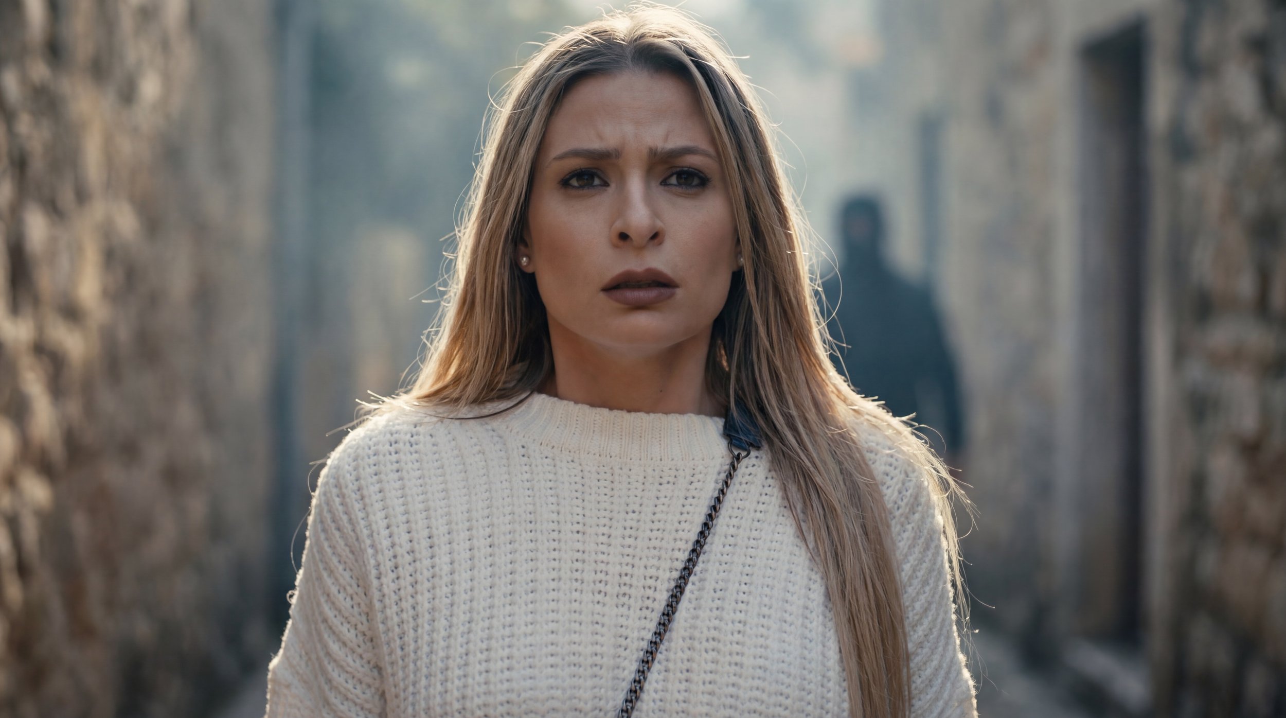 A woman with long, light brown hair and a serious expression, standing in an alleyway between stone walls, wearing a cream-colored sweater and carrying a black chain purse, with a blurred figure in the background. Julien Maalouf