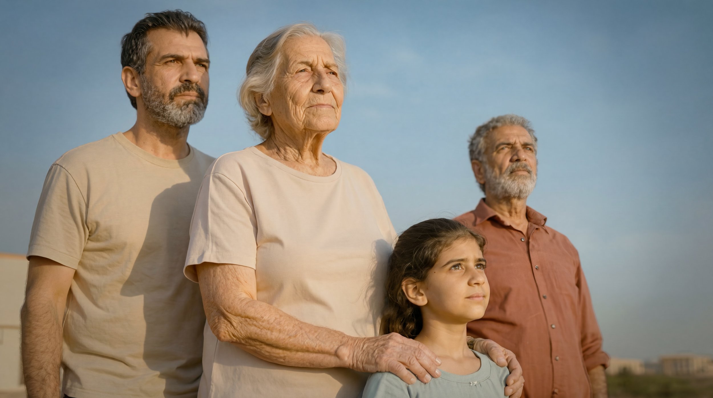 A family of five standing outdoors, looking into the distance with serious expressions. The group includes an elderly woman, a young girl, and three men of middle age, under a clear blue sky. Julien Maalouf