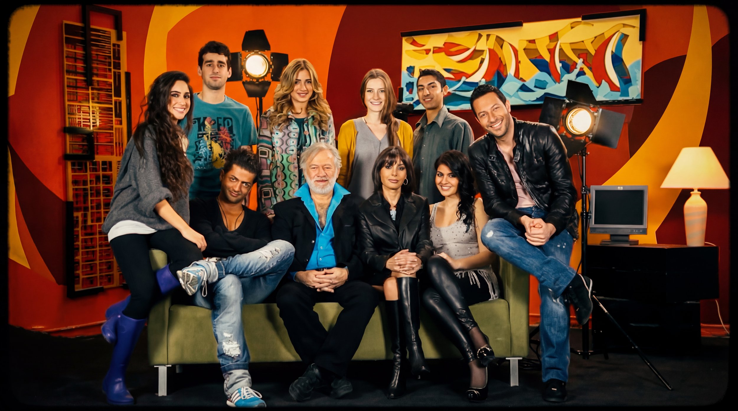 Group of ten people, including men and women, sitting and standing on a green couch in a colorful room with red and yellow walls, studio lights, and television screens. Julien Maalouf