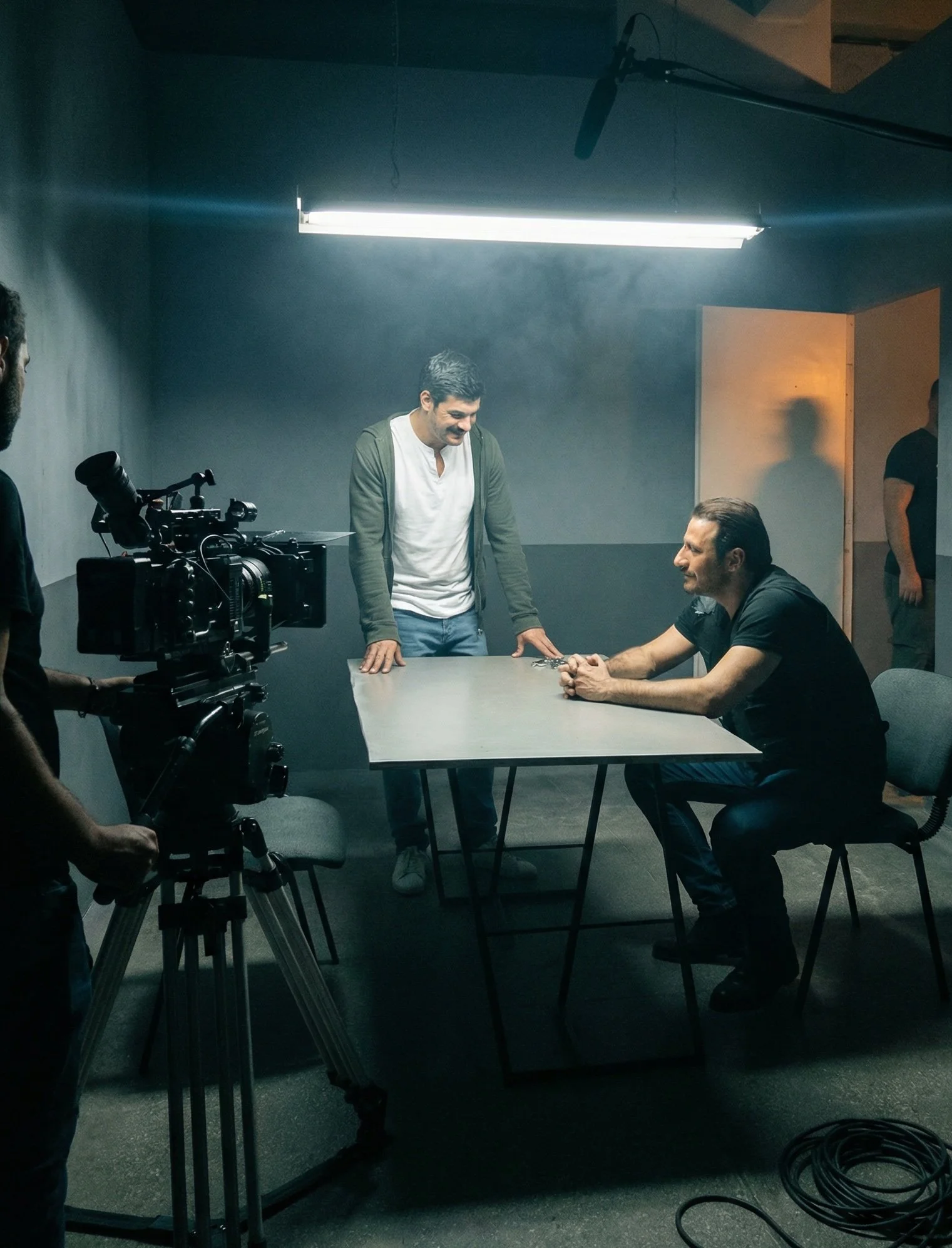 A scene from a film or video shoot featuring two men interacting at a table in a dark room with minimal lighting. One man is sitting and the other is standing, with a camera operator filming the scene. Julien Maalouf