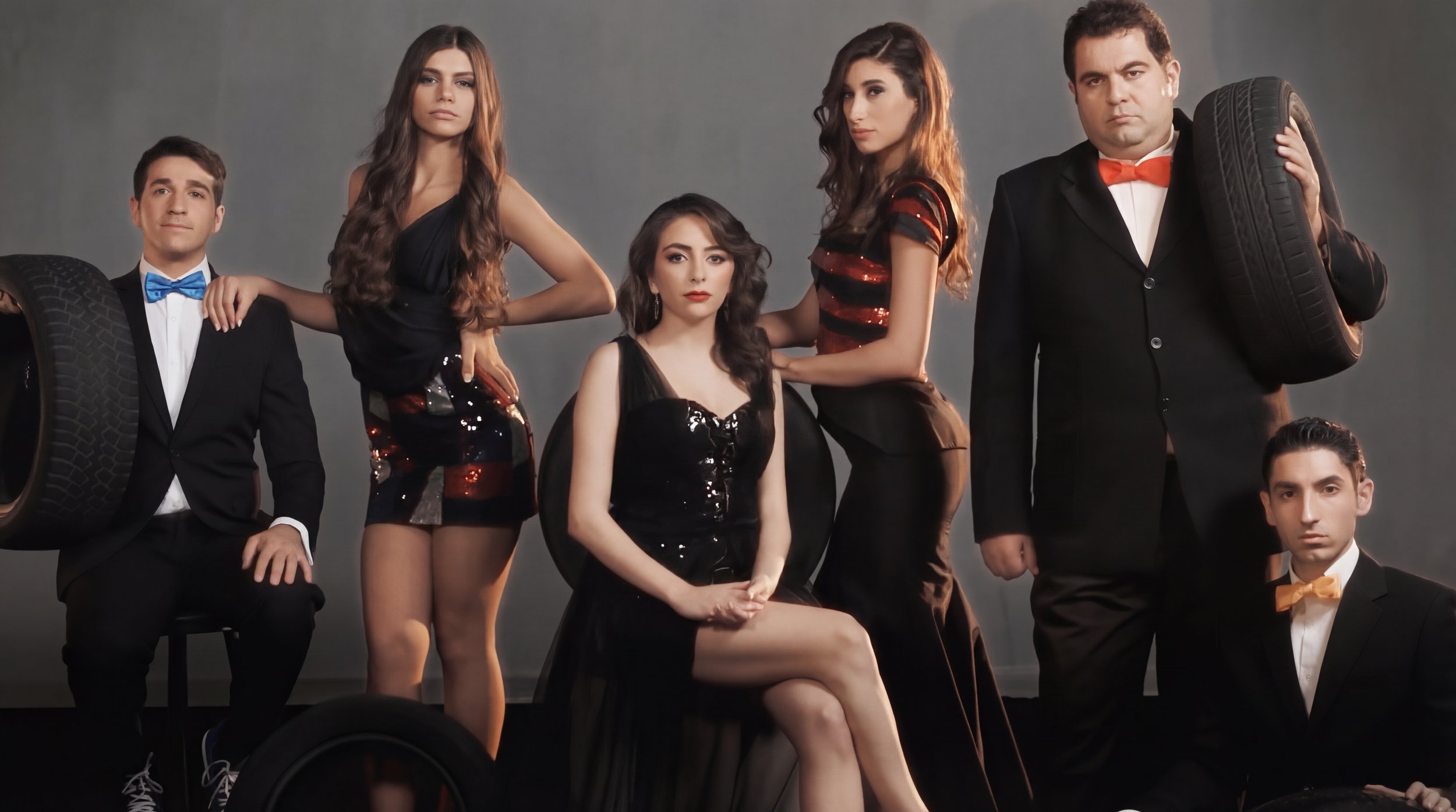 Group portrait of six young adults dressed in formal attire, posing with car tires against a gray background. Julien Maalouf