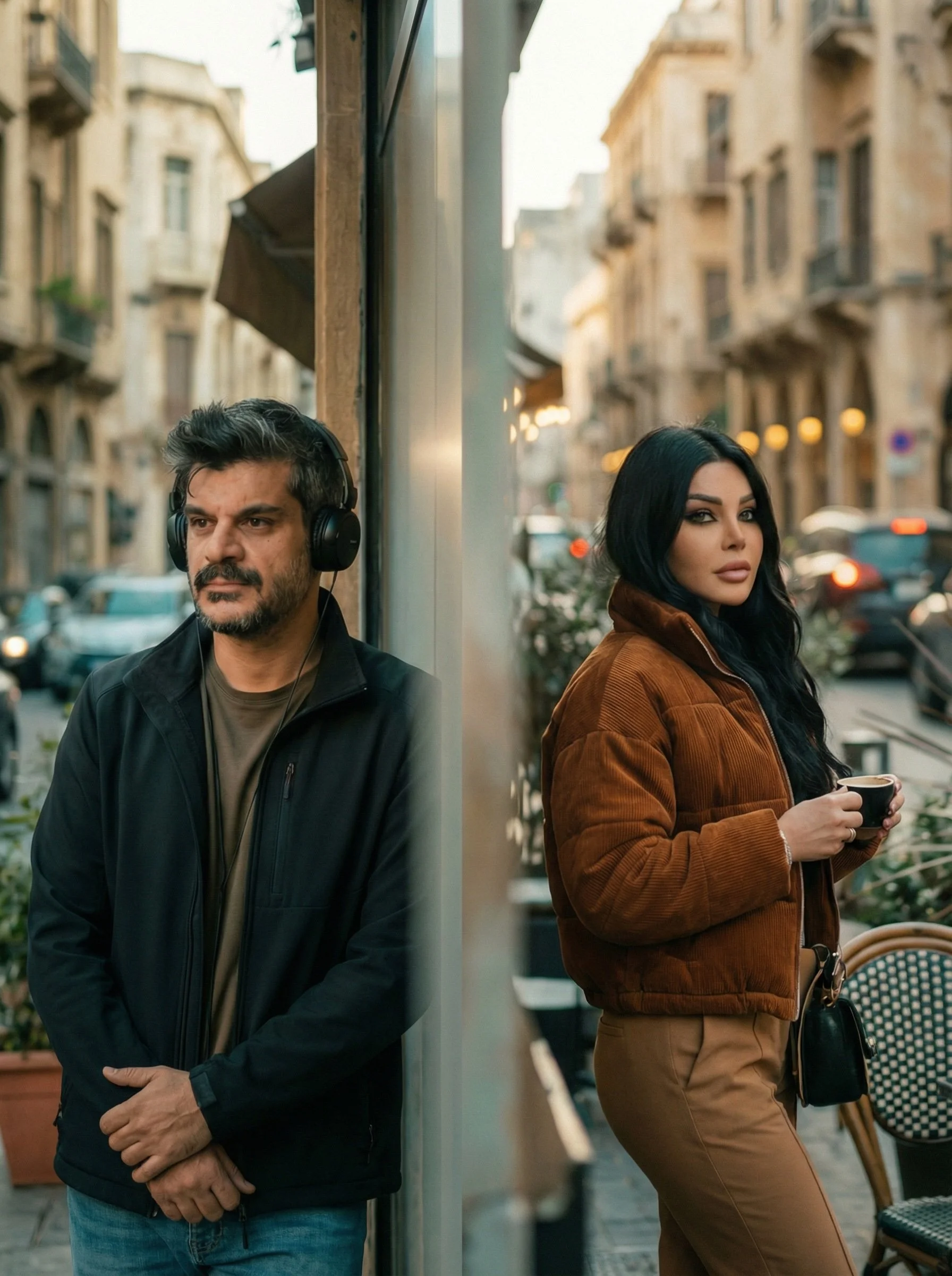 A man with headphones leaning against a wall and a woman holding a coffee cup in an urban street scene with buildings and cars in the background. Julien Maalouf