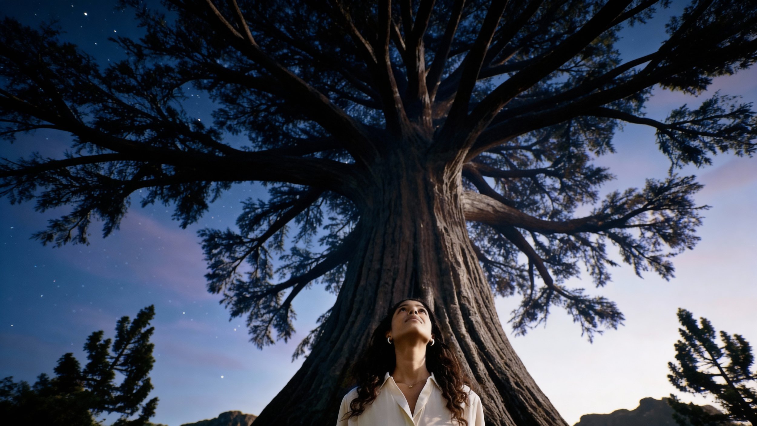 A woman looking up at a tall, ancient tree with a wide trunk and sprawling branches under a night sky filled with stars and a faint purple hue. Julien Maalouf