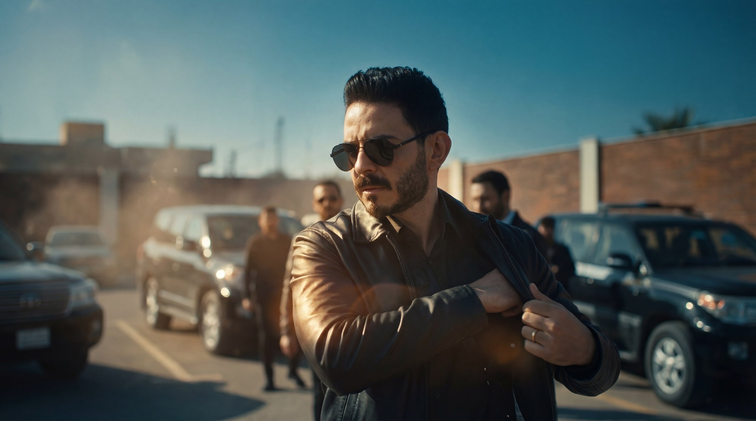 A man with dark hair, beard, sunglasses, and a black leather jacket stands in a parking lot with cars behind him. He has one hand on his chest and looks to the side. Two other men are visible in the background walking near the parked cars.