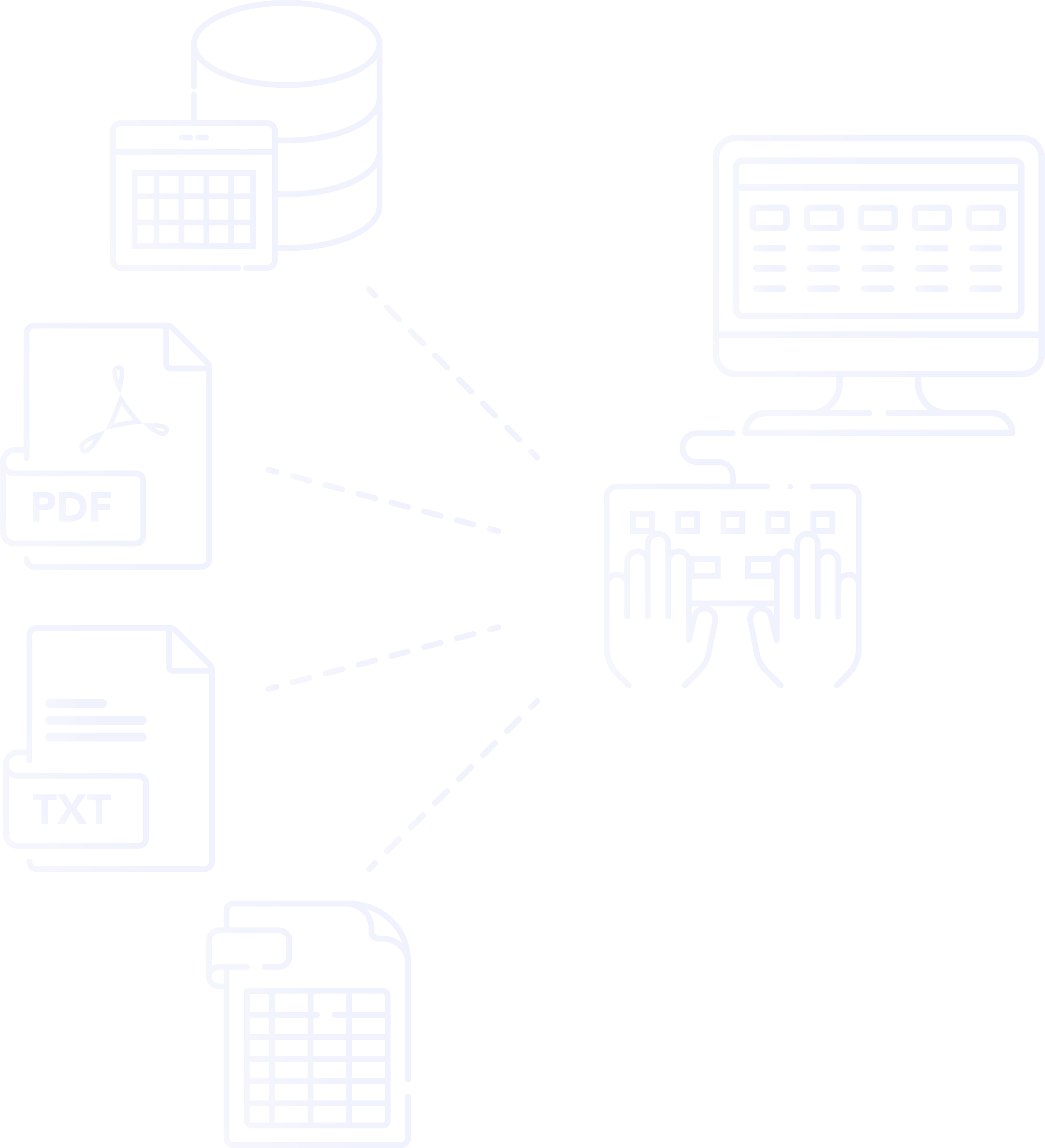 Diagram demonstrating data flow between PDFs, spreadsheets, and databases with arrows indicating connections, digital devices, and data icons.