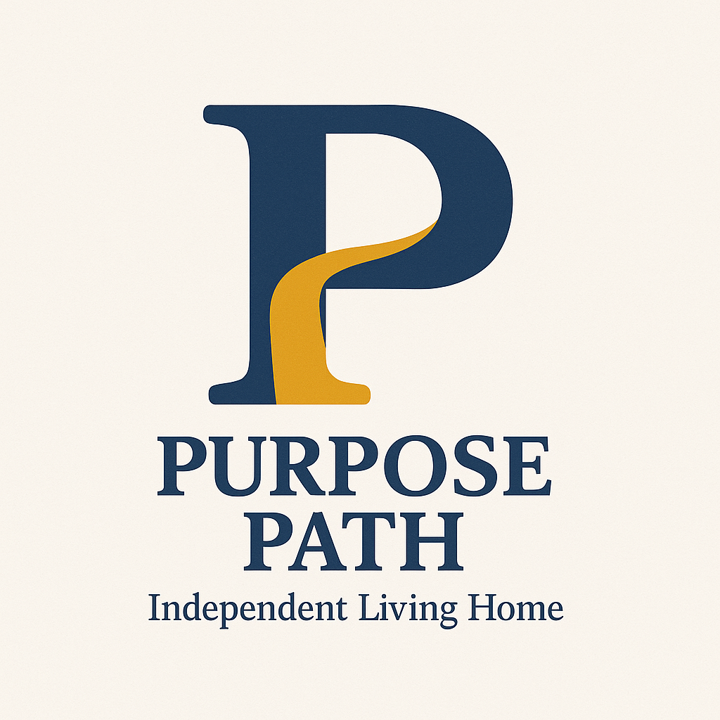 Logo for Purpose Path Independent Living Home with a large stylized letter 'P' and the words 'Purpose Path' and 'Independent Living Home' beneath it.