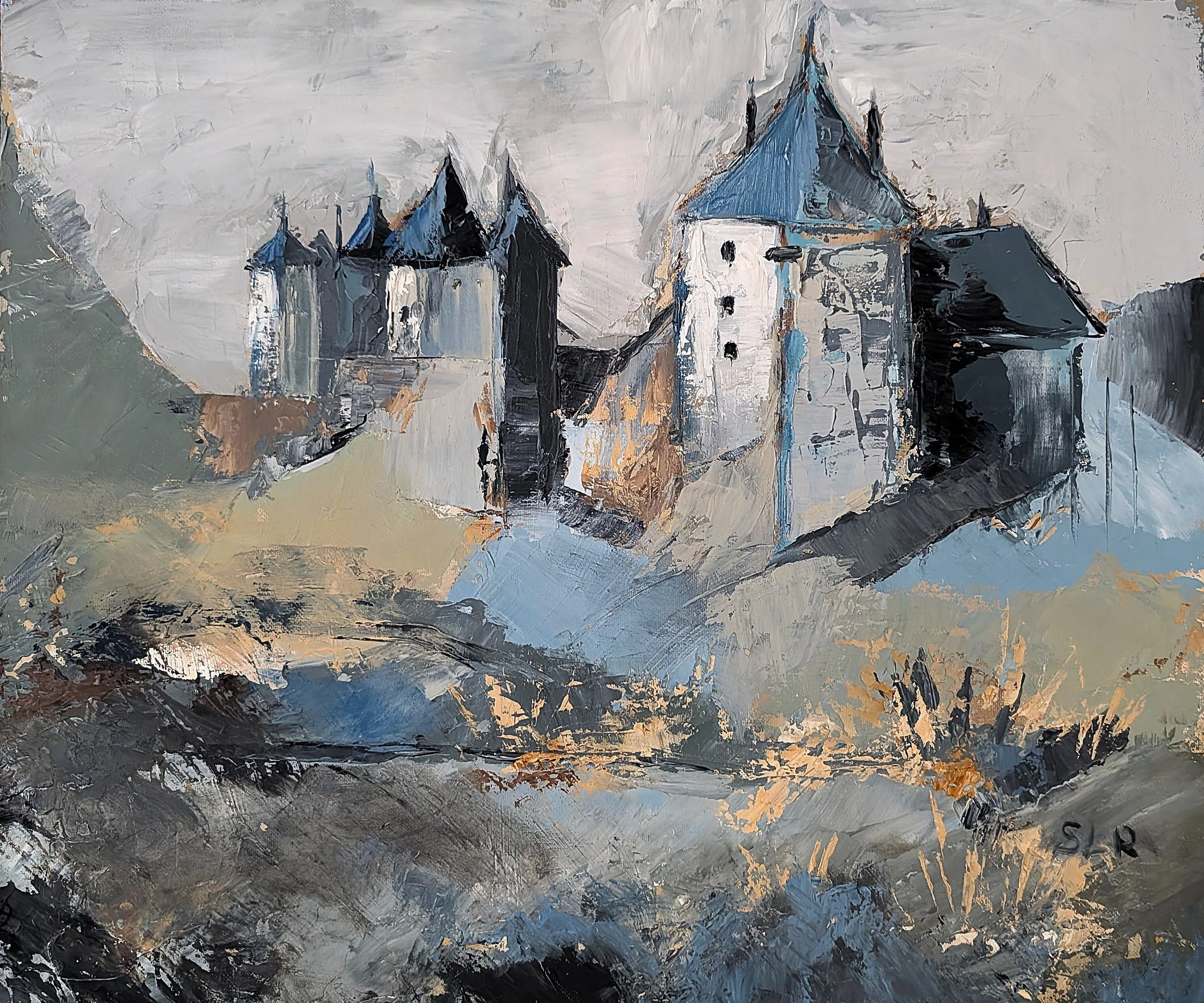 Une peinture d'un château médiéval en style abstrait avec des tonalités de gris, bleu, blanc, et beige.