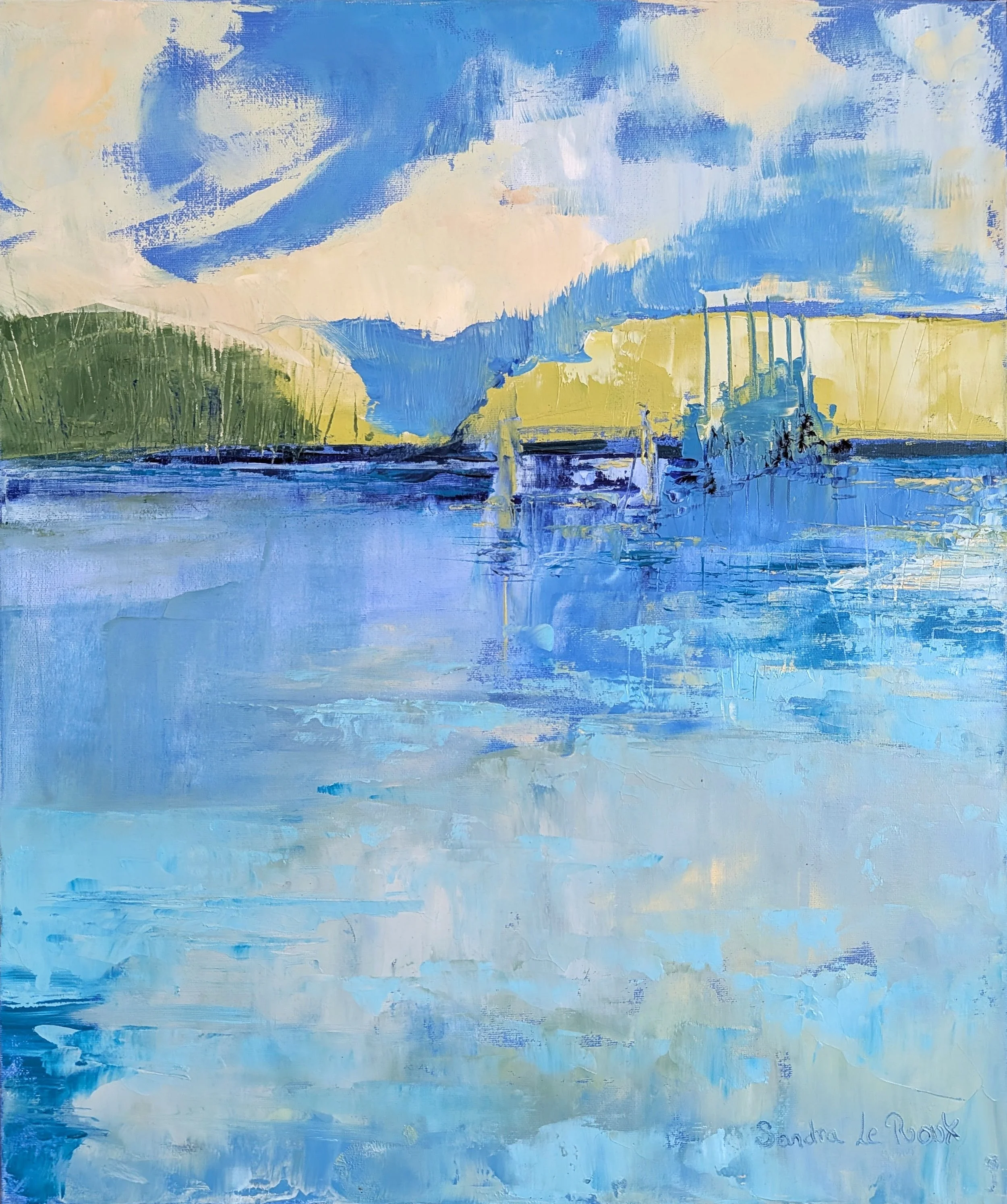 Peinture abstraite d'un lac avec des montagnes en arrière-plan, ciel bleu avec des nuages, et un petit bateau à voile sur l'eau.