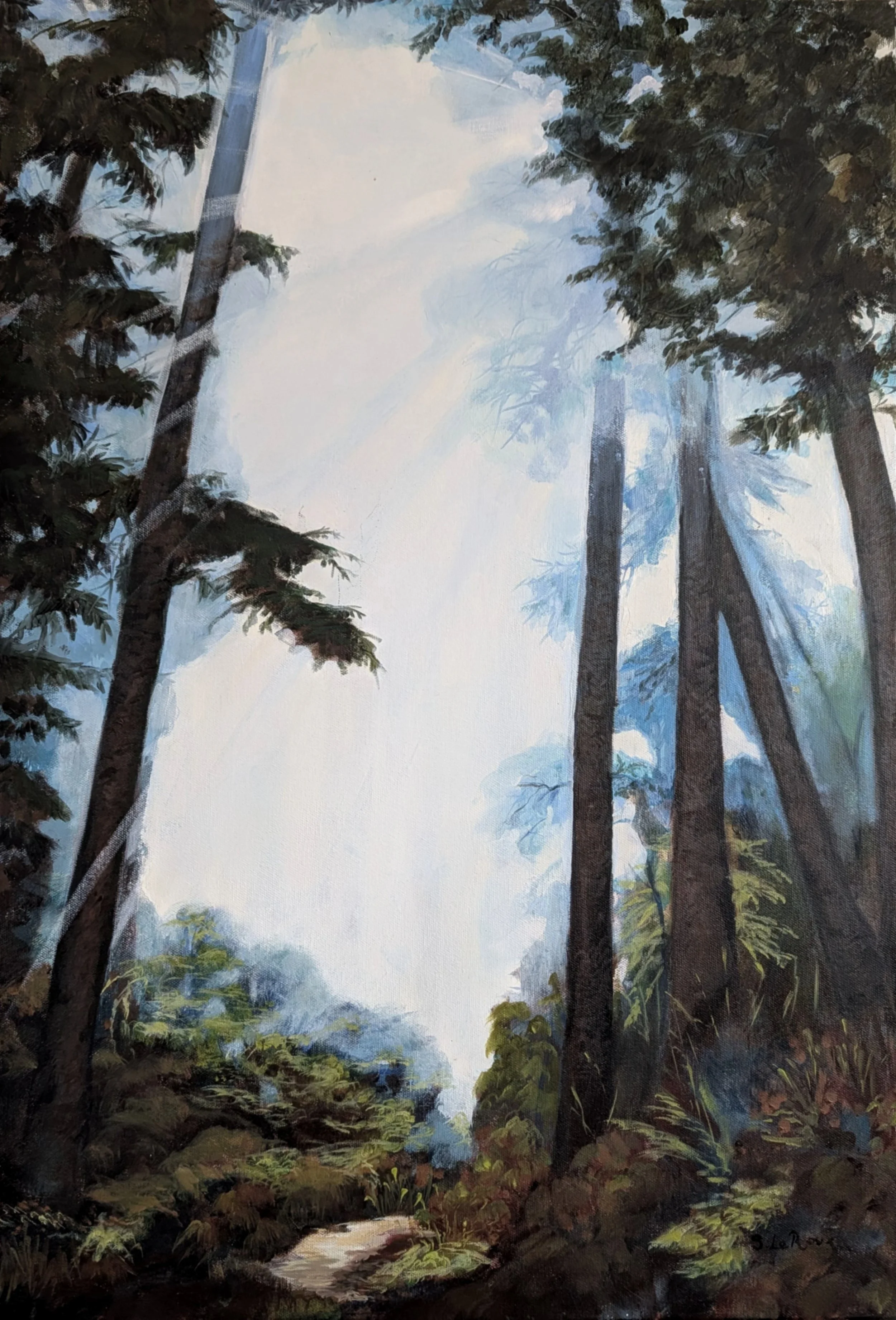 Peinture représentant une forêt avec de grands arbres, une lumière tamisée traversant la canopée, et un sentier à terre.