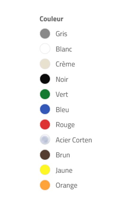 Légende de couleurs montrant différentes couleurs et leur nom : gris, blanc, crème, noir, vert, bleu, rouge, acier corten, brun, jaune, orange.