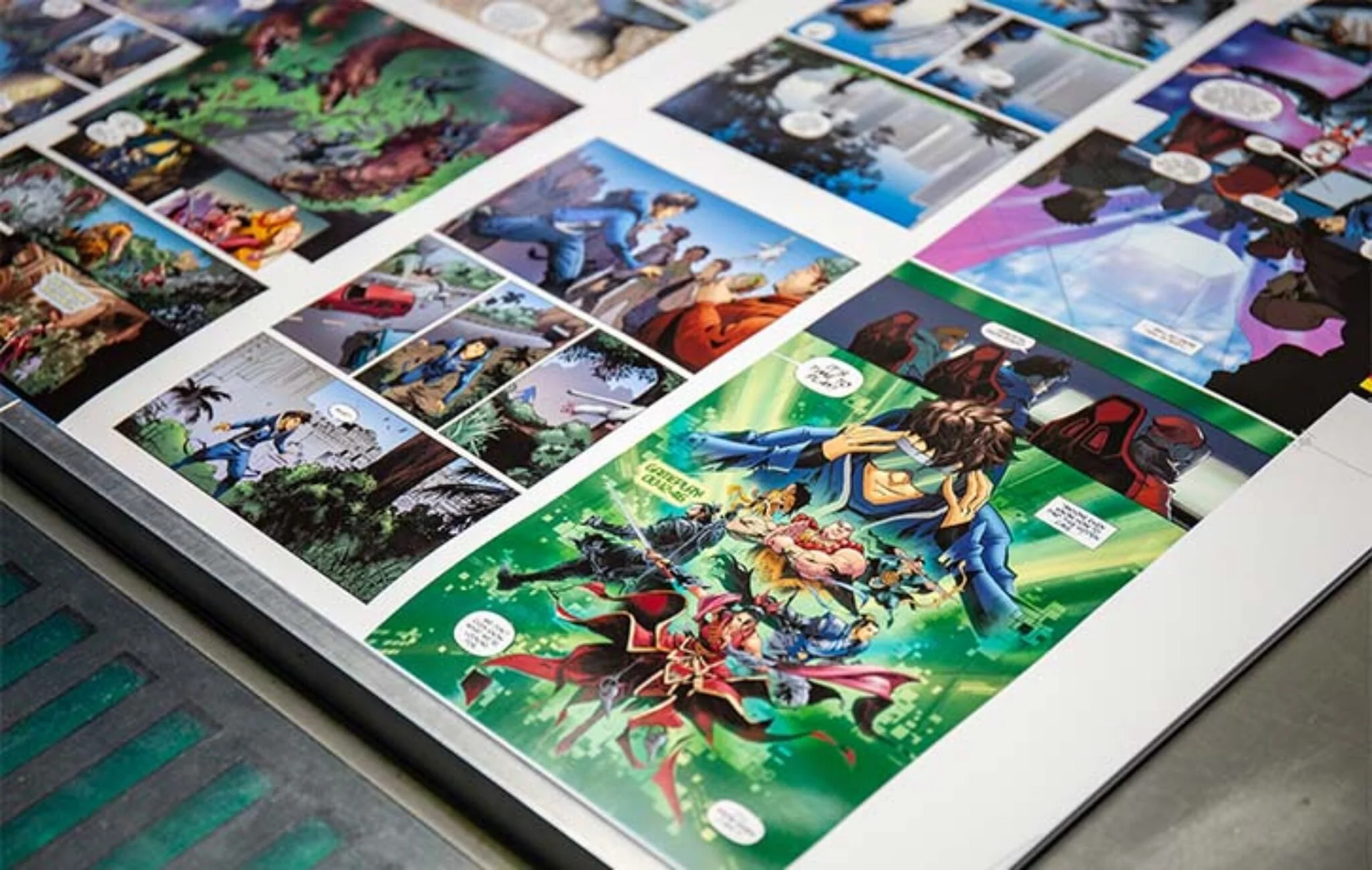 A large comic book or graphic novel opened to pages featuring colorful illustrations of various characters, including a prominent scene with a character wearing glasses and a blue jacket amidst vibrant green backgrounds, other pages showing different scenes and characters.