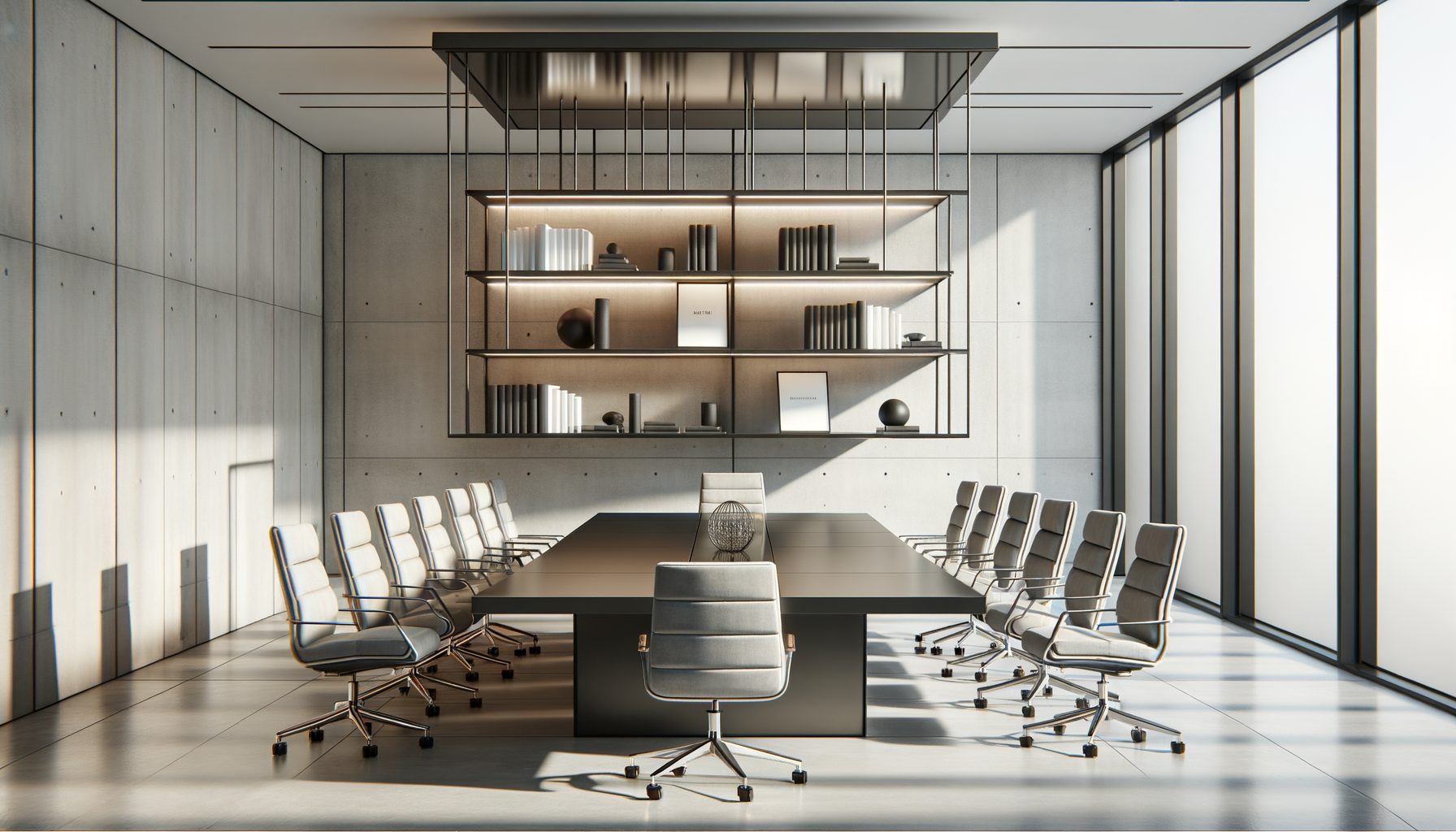 Sala de juntas moderna con mesa negra y sillas gris claro, paredes de concreto con estantería decorativa y ventanas grandes que dejan entrar luz natural