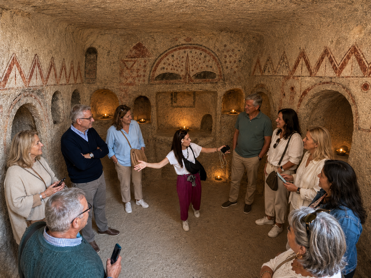 A group of people in a small, historic stone room with alcoves and candles, listening to a tour guide.