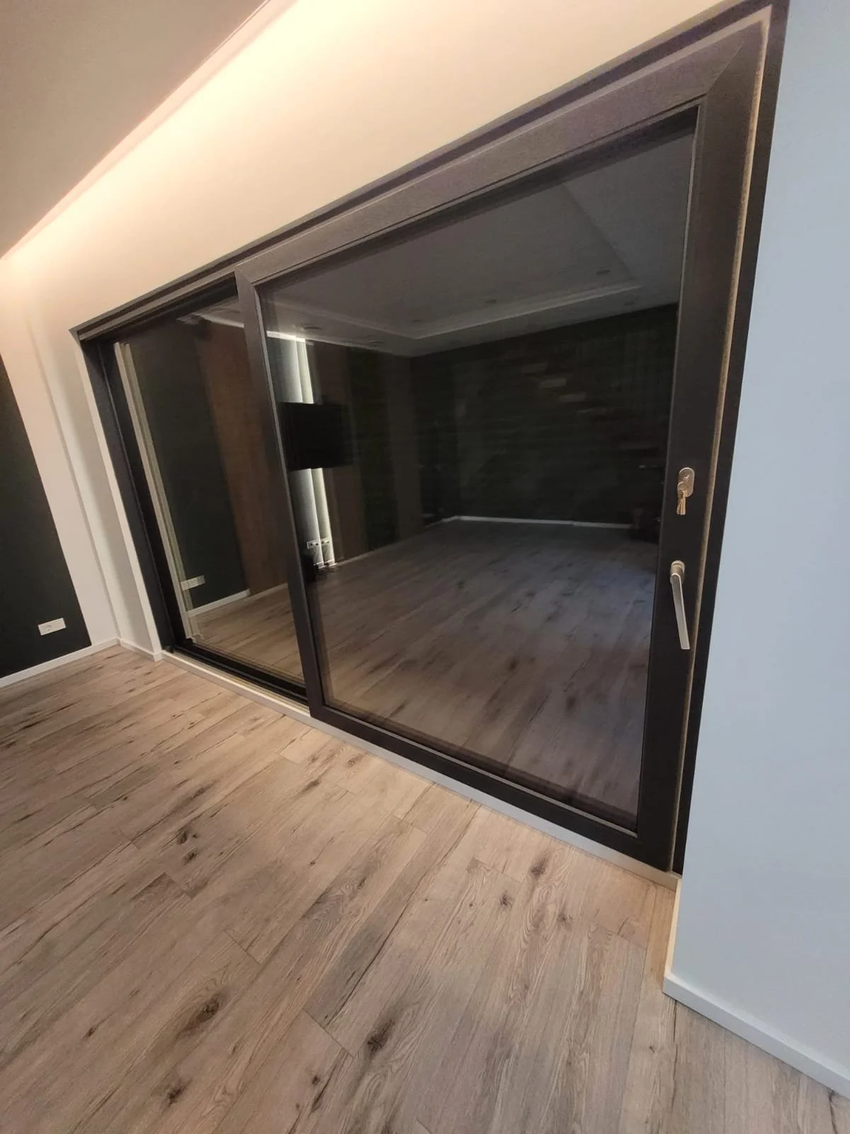 Large sliding glass door leading to an empty room with wood flooring and dark accent wall.