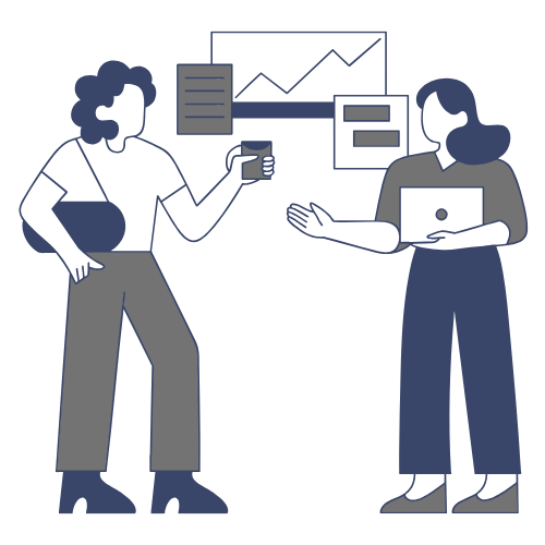 Two women having a business discussion with graphs and documents in the background.