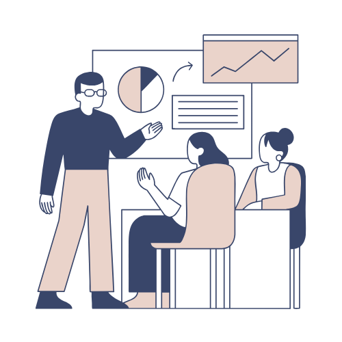 A man presenting financial charts and graphs to two women in a meeting room.
