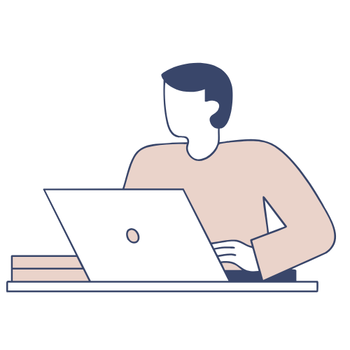 Illustration of a person working on a laptop at a desk with books nearby.