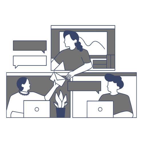 Illustration of a virtual meeting with three women, one presenting and two listening, with speech bubbles and a chart in the background.