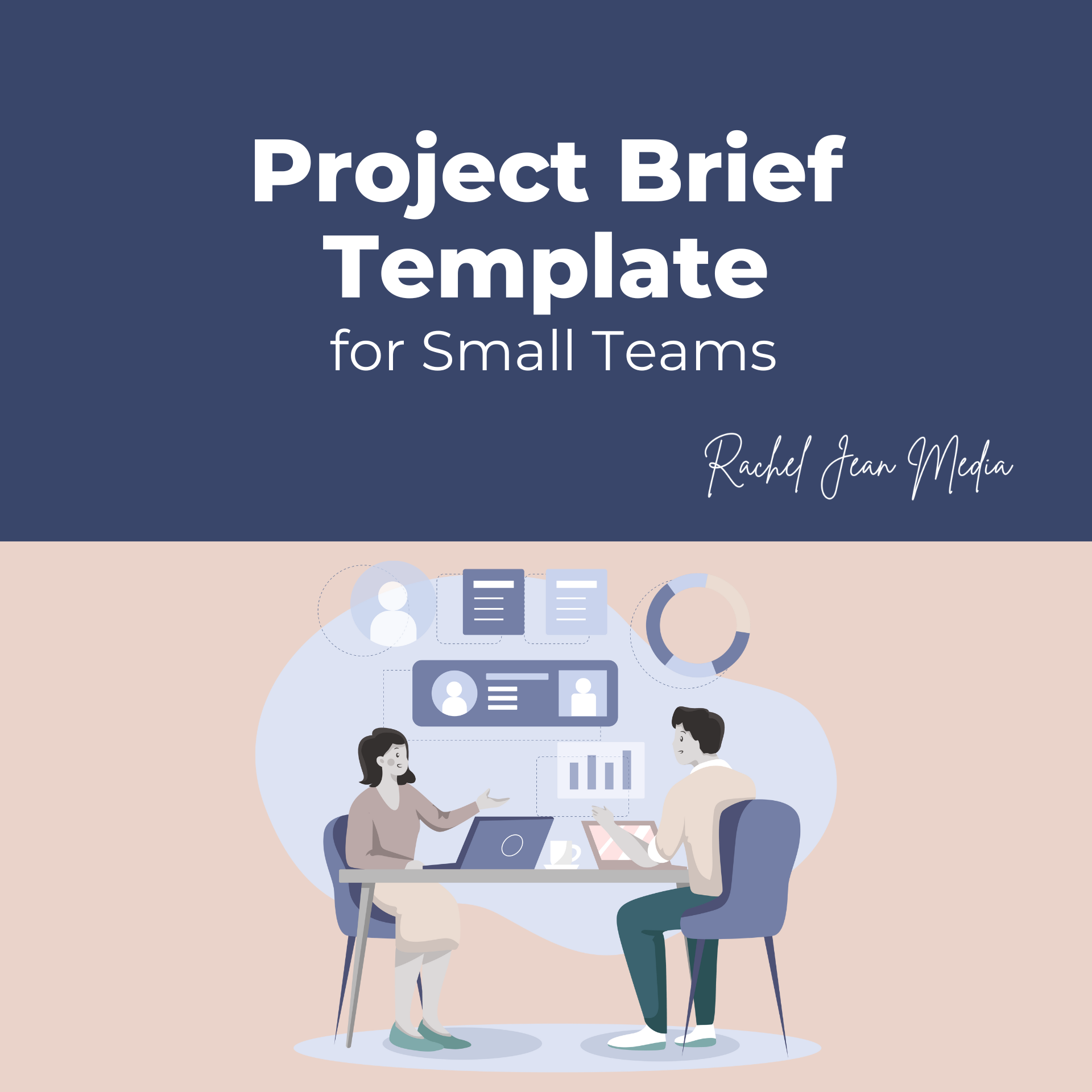 Cover of a project brief template for small teams, featuring an illustration of two people working at a table with data screens and charts in a modern digital workspace.