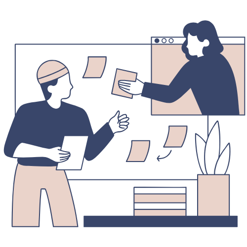 Two people in an office, one handing a sticky note to the other, with notices on a whiteboard and a potted plant nearby.