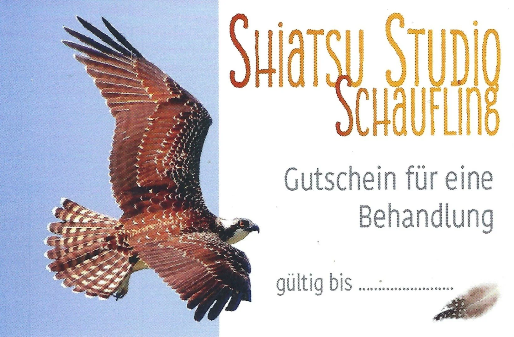 Gutschein für eine Behandlung im Shiatsu Studio Schauﬂing, mit einem Bild eines fliegenden Adlers am Himmel.