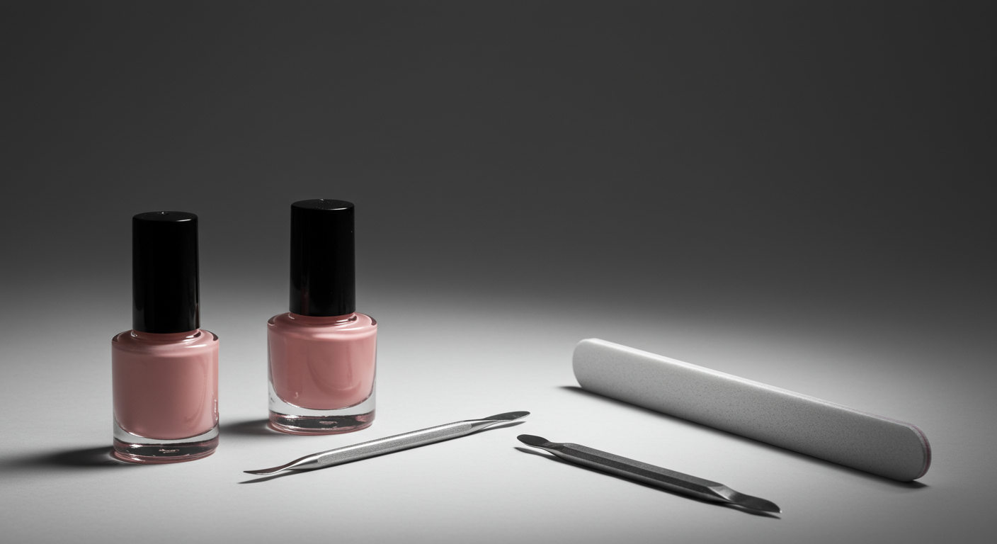 Two bottles of light pink nail polish, two metal cuticle tools, and a nail file on a gray surface with a dark gradient background.