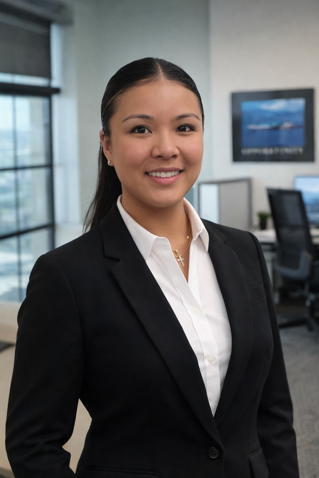 A smiling woman in a black blazer and white shirt in an office setting with computers and a window in the background.