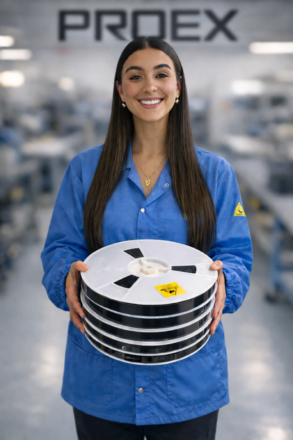 A woman in a blue work uniform holding a stack of film spools, smiling in a warehouse with the word 'PROX' in the background.