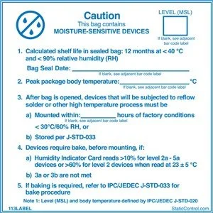 A medical instruction sheet about moisture-sensitive devices, including guidelines on shelf life, bag seal date, temperature limits, mounting conditions, humidity levels, and storage instructions.
