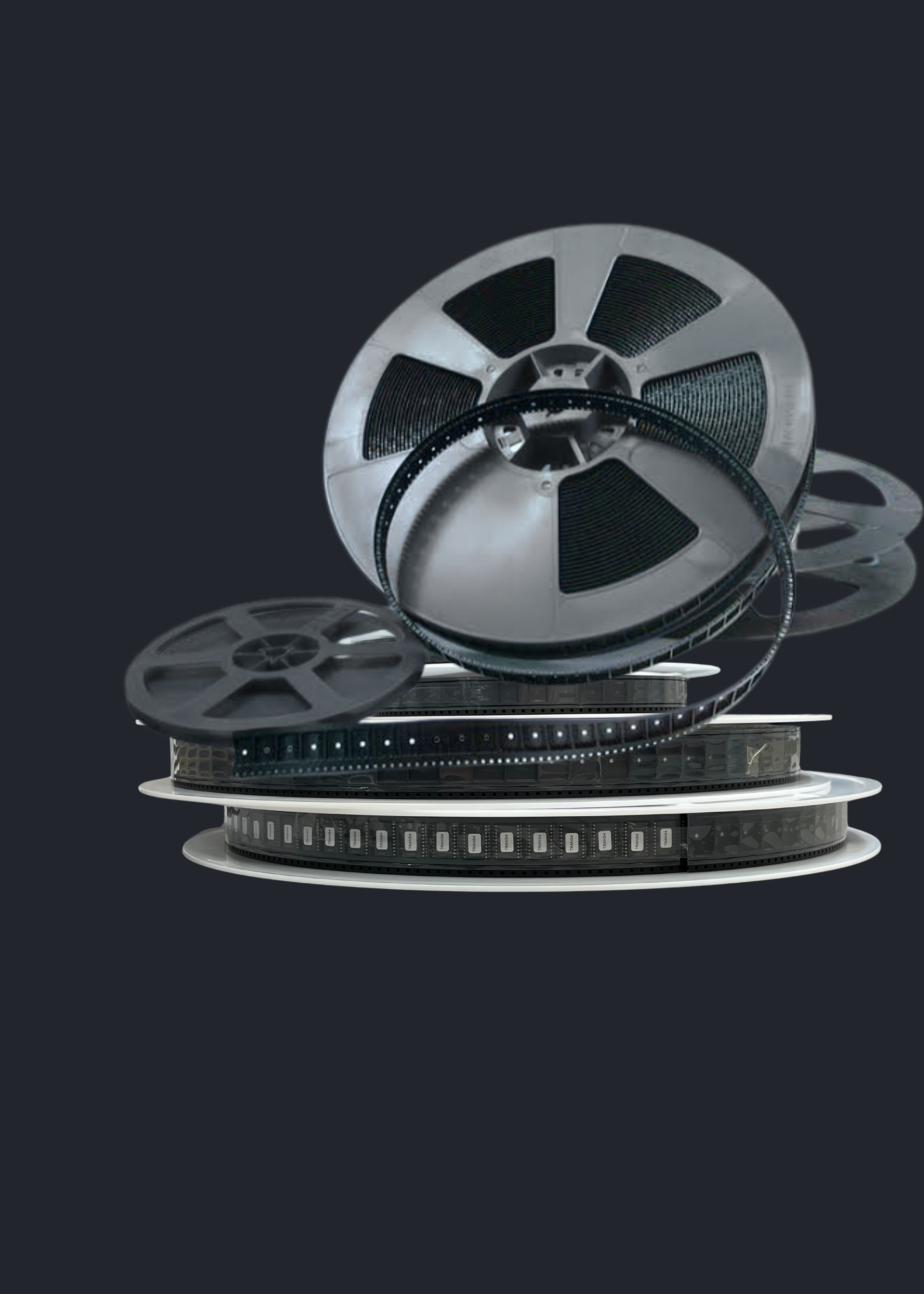 Stacked film reels and strips of film against a dark background.