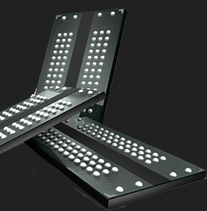 A modern, black, triangular domino table with white domino tiles with dots, arranged for a game.