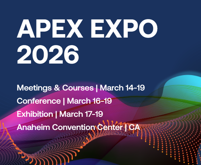 Event poster for APEX EXPO 2026, scheduled from March 14-19 at Anaheim Convention Center, CA. Includes meetings, courses, conference, and exhibition details.