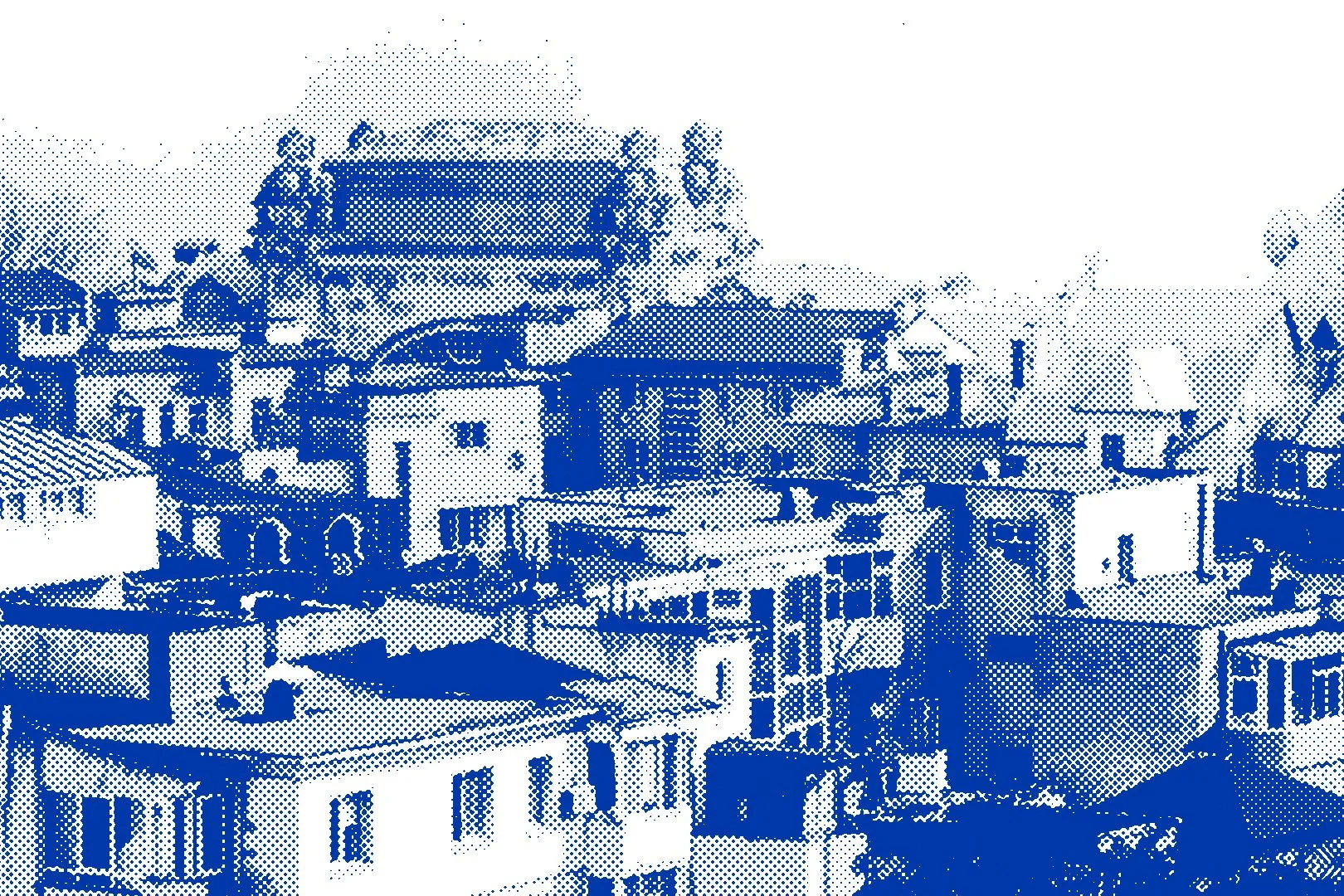 A pixelated illustration of a cityscape featuring several buildings, rooftops, and a large structure in the background, all rendered in blue.