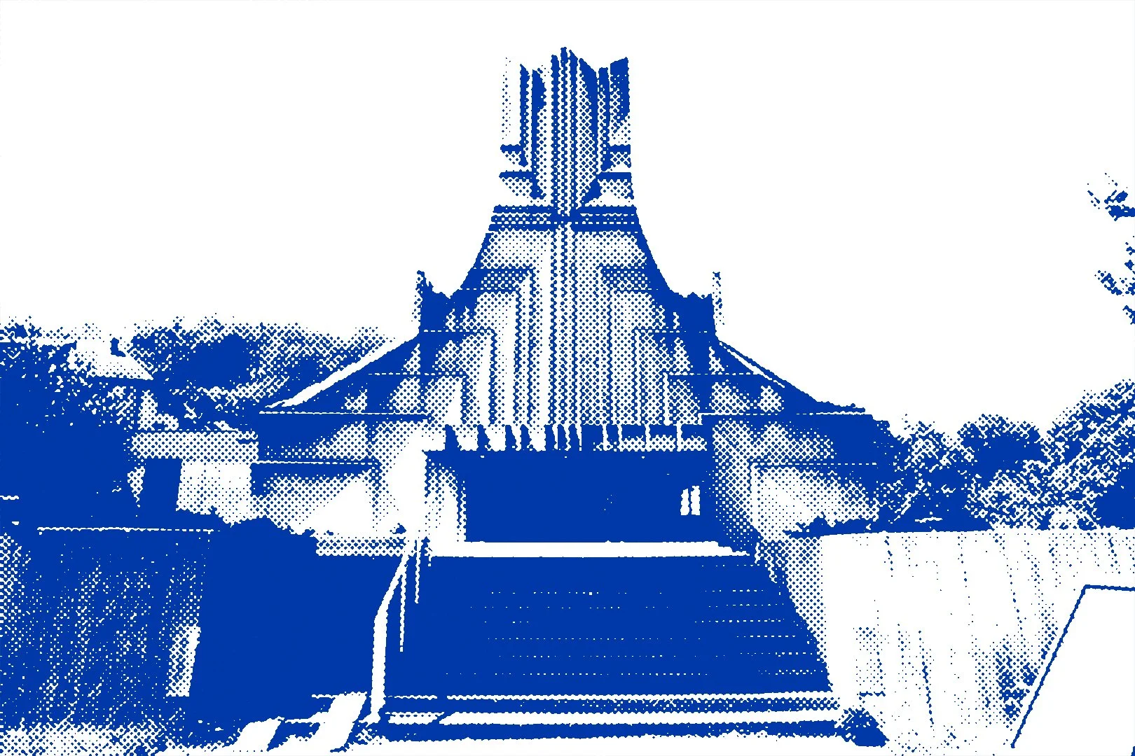 The image depicts a stylized, high-contrast representation of the Assam State Museum in Guwahati, India, with a prominent pyramid-like structure and steps leading up to it.