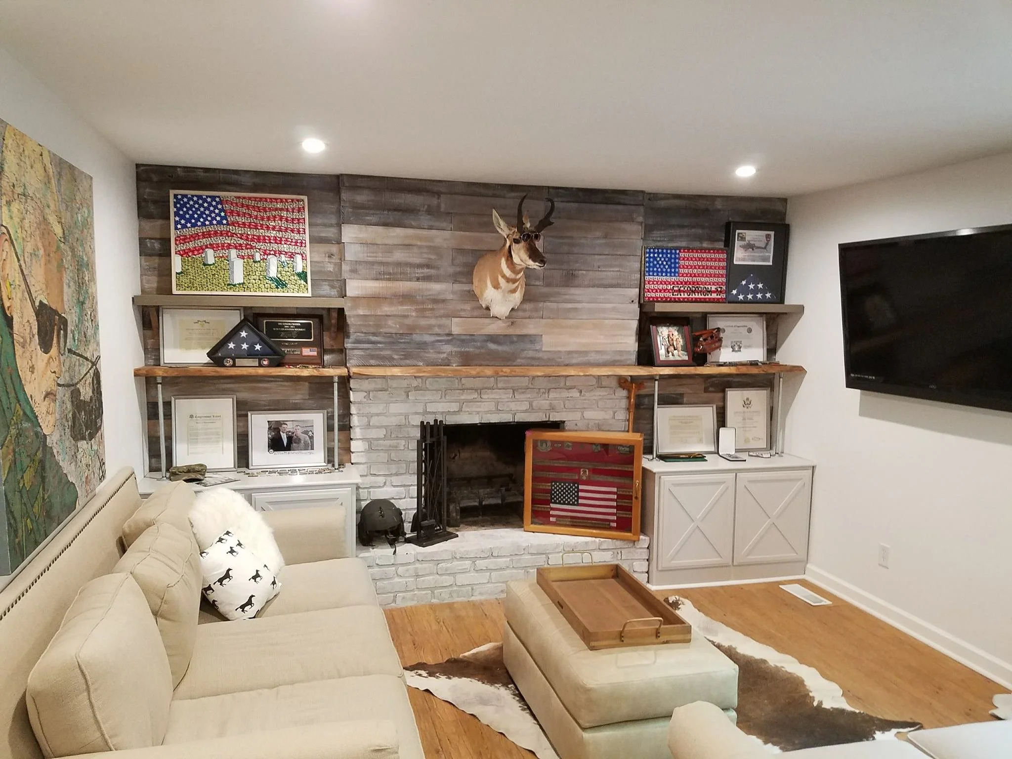 Rustic wood Fireplace surround with bookcases